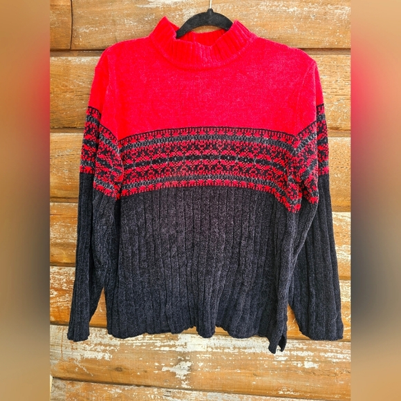 Vintage Jennifer Moore Chenille Black & Red High Neck Fairisle Christmas Sweater - Picture 11 of 15
